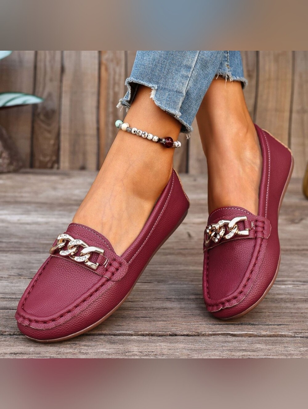 Women's Burgundy Chain-Trim Flat Loafers